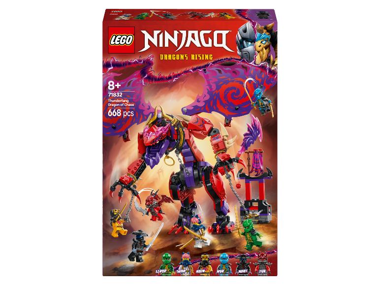 Zestaw LEGO Ninjago Thunderfang Smok Chaosu z 668 elementami.