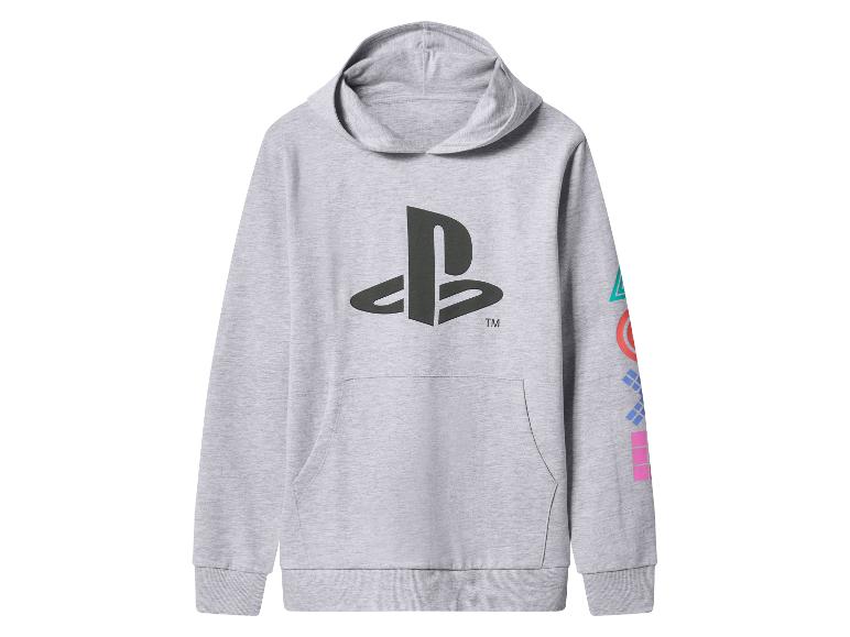 Szara bluza z kapturem z logo PlayStation i kolorowymi symbolami na rękawie.