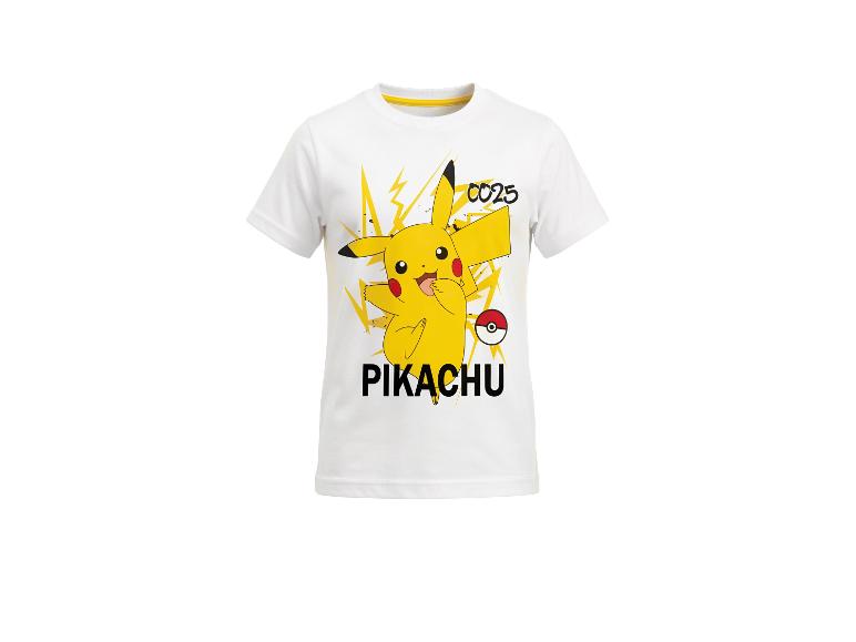Biała koszulka dziecięca z dużym nadrukiem Pikachu, żółtymi błyskawicami i napisem „PIKACHU”.