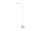 Biała lampa podłogowa z wygiętym ramieniem, ok. 130 cm wysokości.