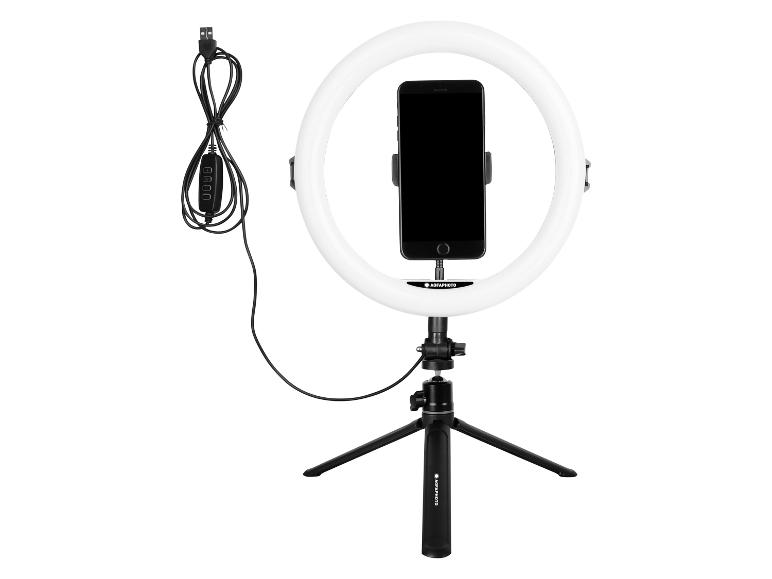 Zestaw oświetlenia pierścieniowego AGFAPHOTO z trójnogiem i smartfonem.