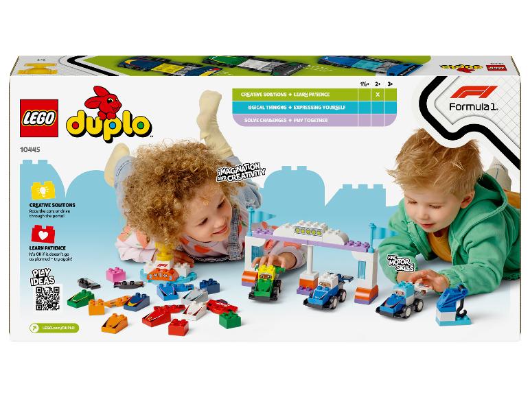 Pudełko LEGO Duplo Formula 1 z dziećmi bawiącymi się samochodami wyścigowymi.