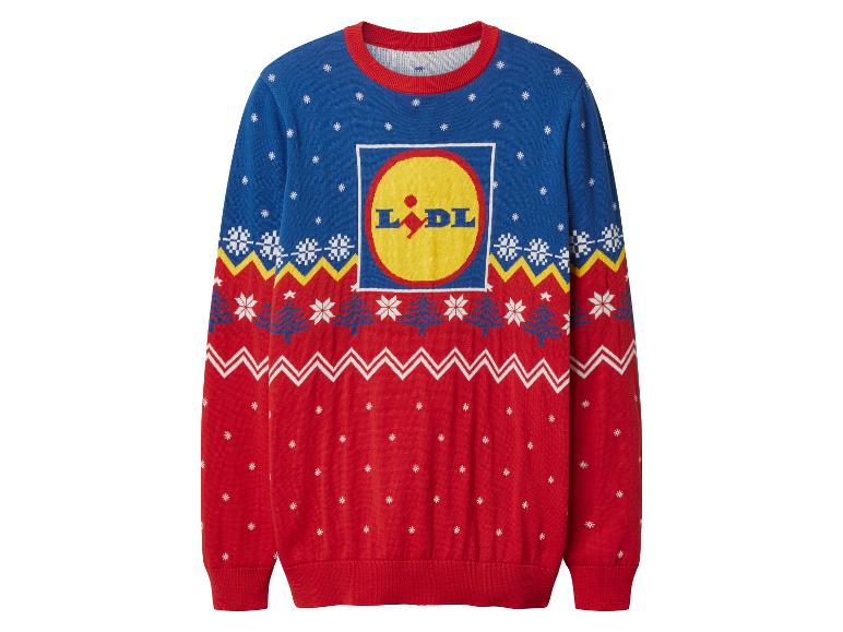 Świąteczny sweter Lidl, niebiesko-czerwony, z logo i płatkami śniegu.