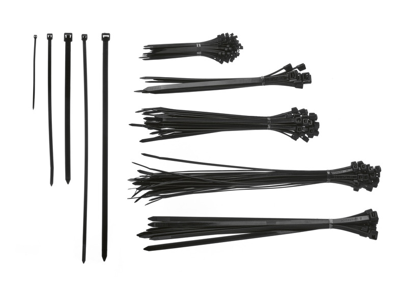 Czarne opaski zaciskowe w różnych rozmiarach, w tym pakiet opasek zaciskowych Parkside.