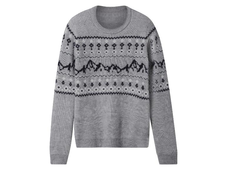 Szary sweter Fair Isle z motywami górskimi i geometrycznymi.