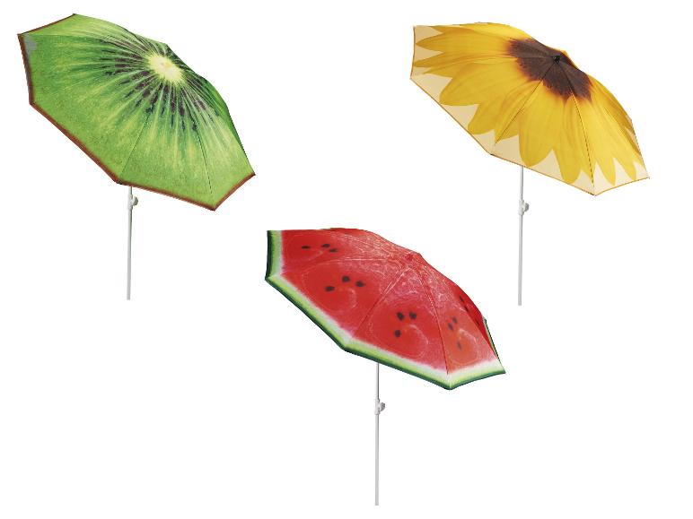 Parasole plażowe z motywami kiwi, słonecznika i arbuza.