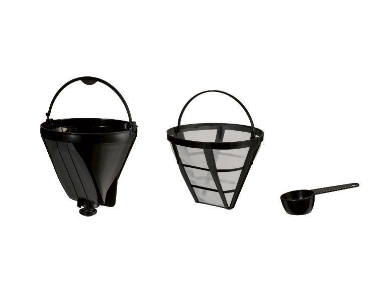 Akcesoria do kawy: pojemnik na filtr, filtr siatkowy i miarka.