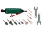 Pneumatyczna szlifierka Parkside z różnymi końcówkami szlifierskimi i kluczem.