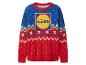 Świąteczny sweter Lidl w kolorze niebieskim i czerwonym ze śnieżynkami i logo.