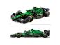 Dwa widoki zielono-czarnego modelu Lego Aston Martin F1 z logo sponsorów.