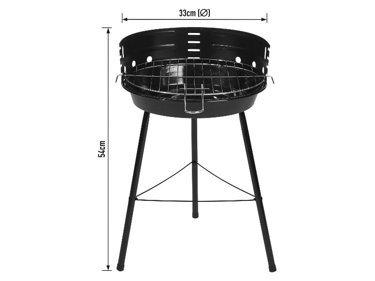 Czarny grill węglowy o średnicy 33 cm i wysokości 54 cm.