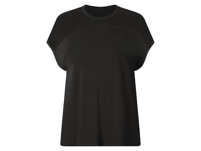 Czarny T-shirt z krótkim rękawem i koronkowymi detalami na ramionach