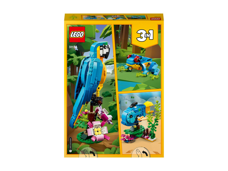 Pudełko LEGO Creator 3 w 1 z papugą, żabą i rybą.