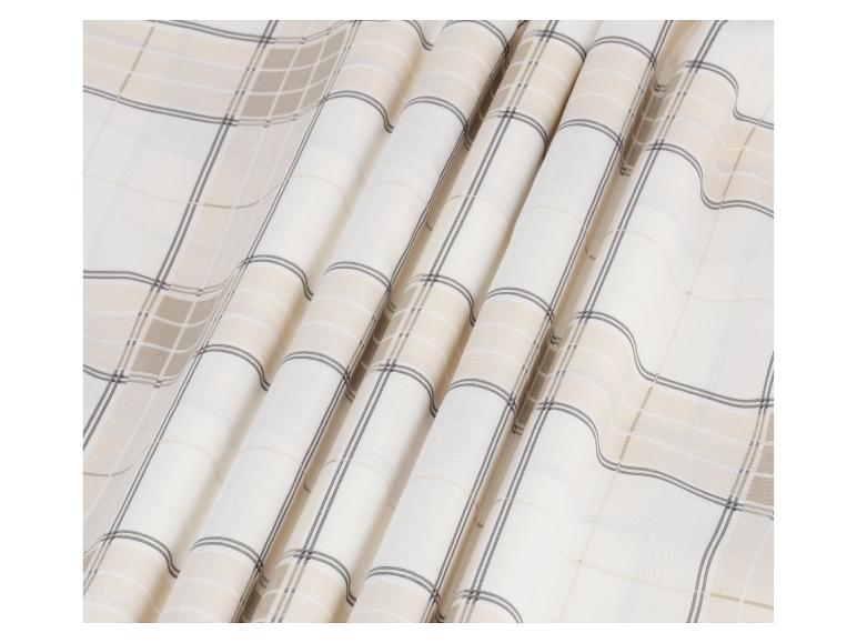 Tkanina w kratę w odcieniach beżu i szarości.