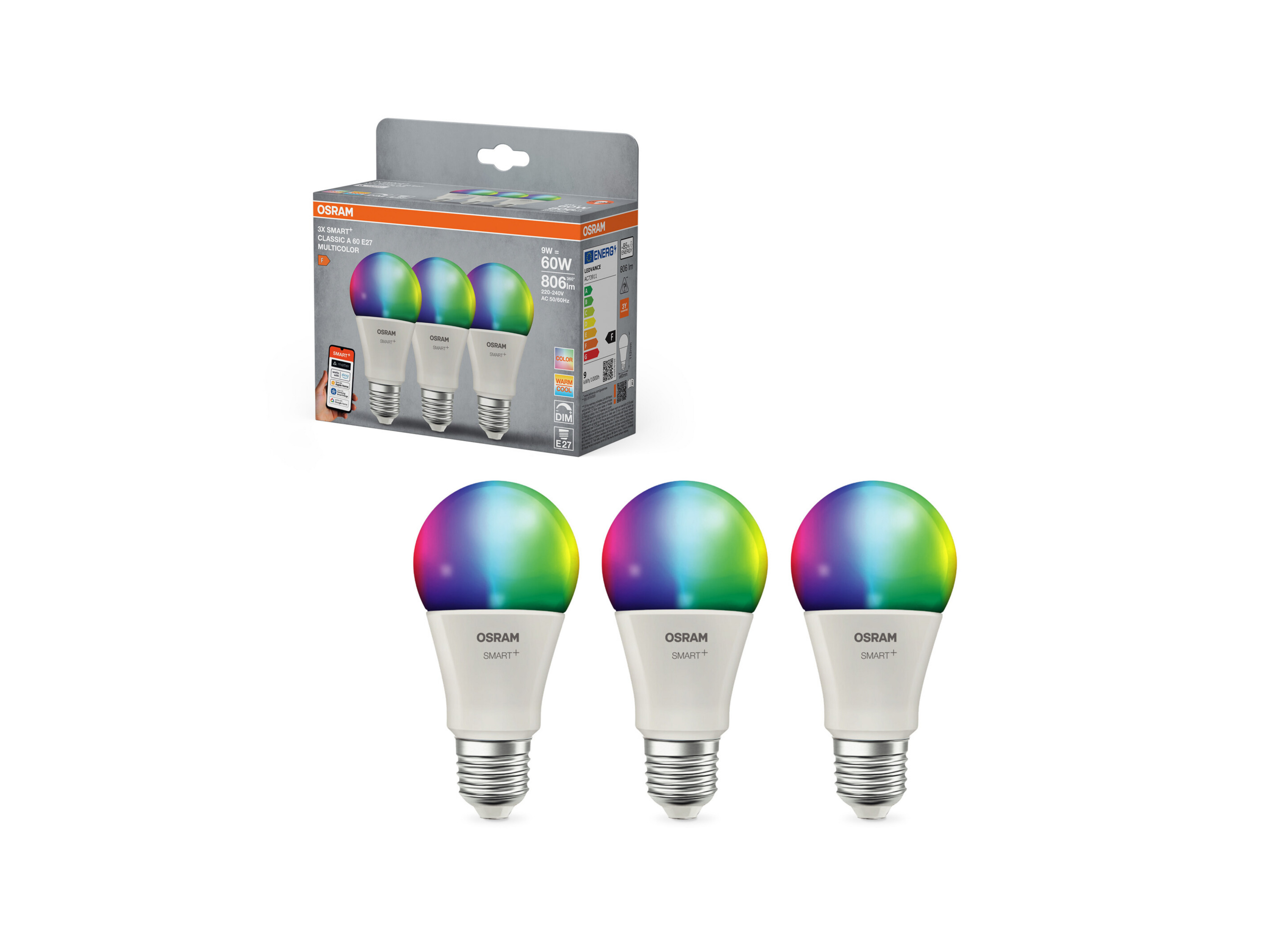 OSRAM Inteligentne żarówki Smart MATTER, 3-pak (A60, E27, 2700 K, RGBW, Matowe)