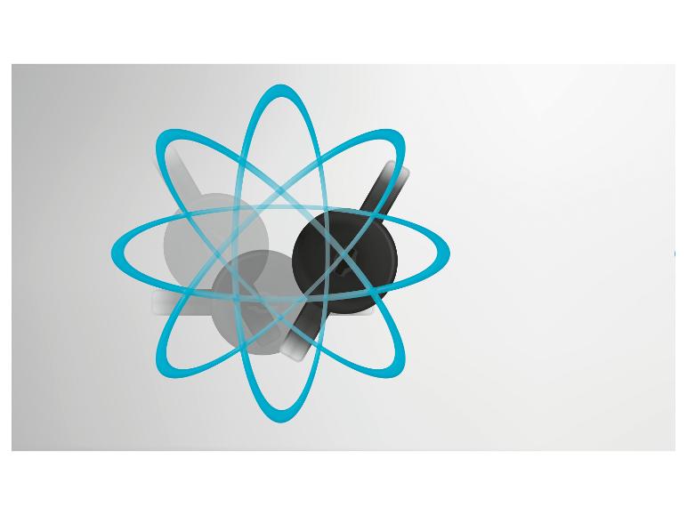 Abstrakcyjne przedstawienie atomu z niebieskimi orbitami i czarnym jądrem.