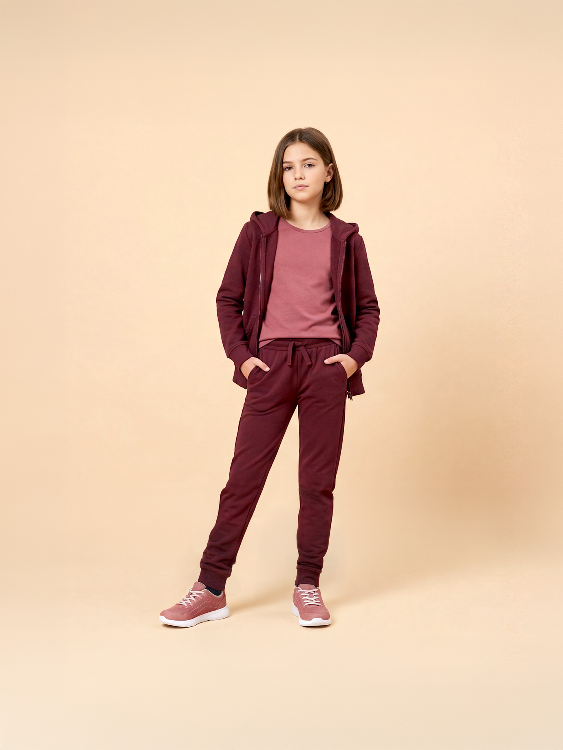 Dziewczynka w bordowym dresie i różowej koszulce, w sneakersach