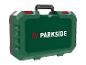 Zielona skrzynka narzędziowa PARKSIDE z czerwonymi zatrzaskami i czarną rączką