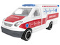 Biały ambulans z czerwonymi paskami i gwiazdą ratownictwa.