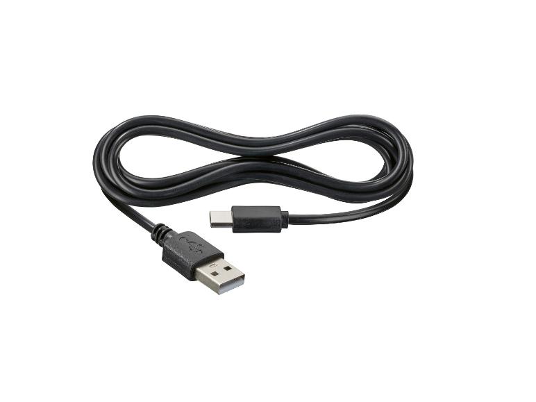 Czarny kabel USB-A do USB-C, zwinięty w kształt ósemki.
