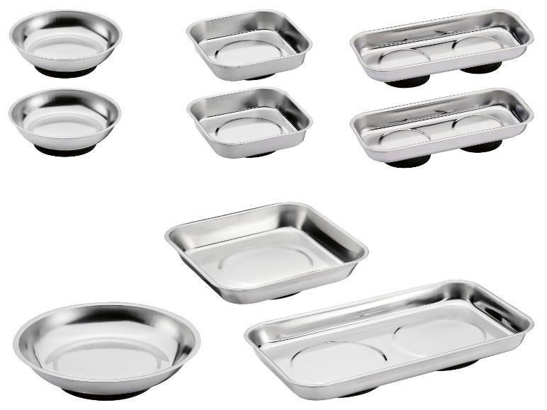 Zestaw magnetycznych misek i tac ze stali nierdzewnej do warsztatu.