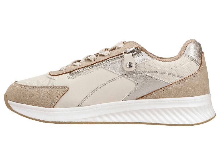 Beżowe damskie sneakersy z zamkiem błyskawicznym i metalicznymi akcentami.