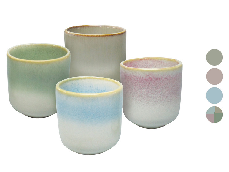 Cztery szklanki z gradientem kolorystycznym w odcieniach szarego, różowego, jasnoniebieskiego i zielonego.