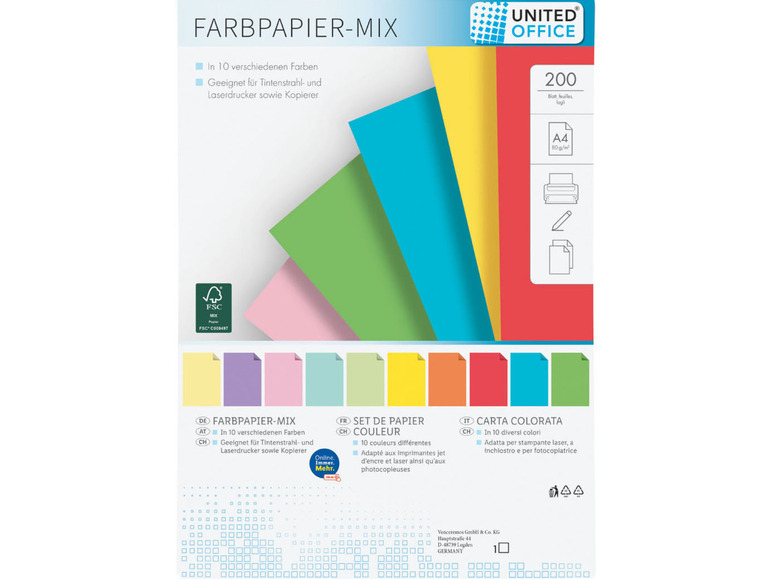 Pełny ekran: UNITED OFFICE® Papier kolorowy w 10 kolorach, DIN A4, 200 kartek - zdjęcie 1