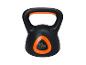 Czarny kettlebell z pomarańczowymi akcentami, ważący 10 kg