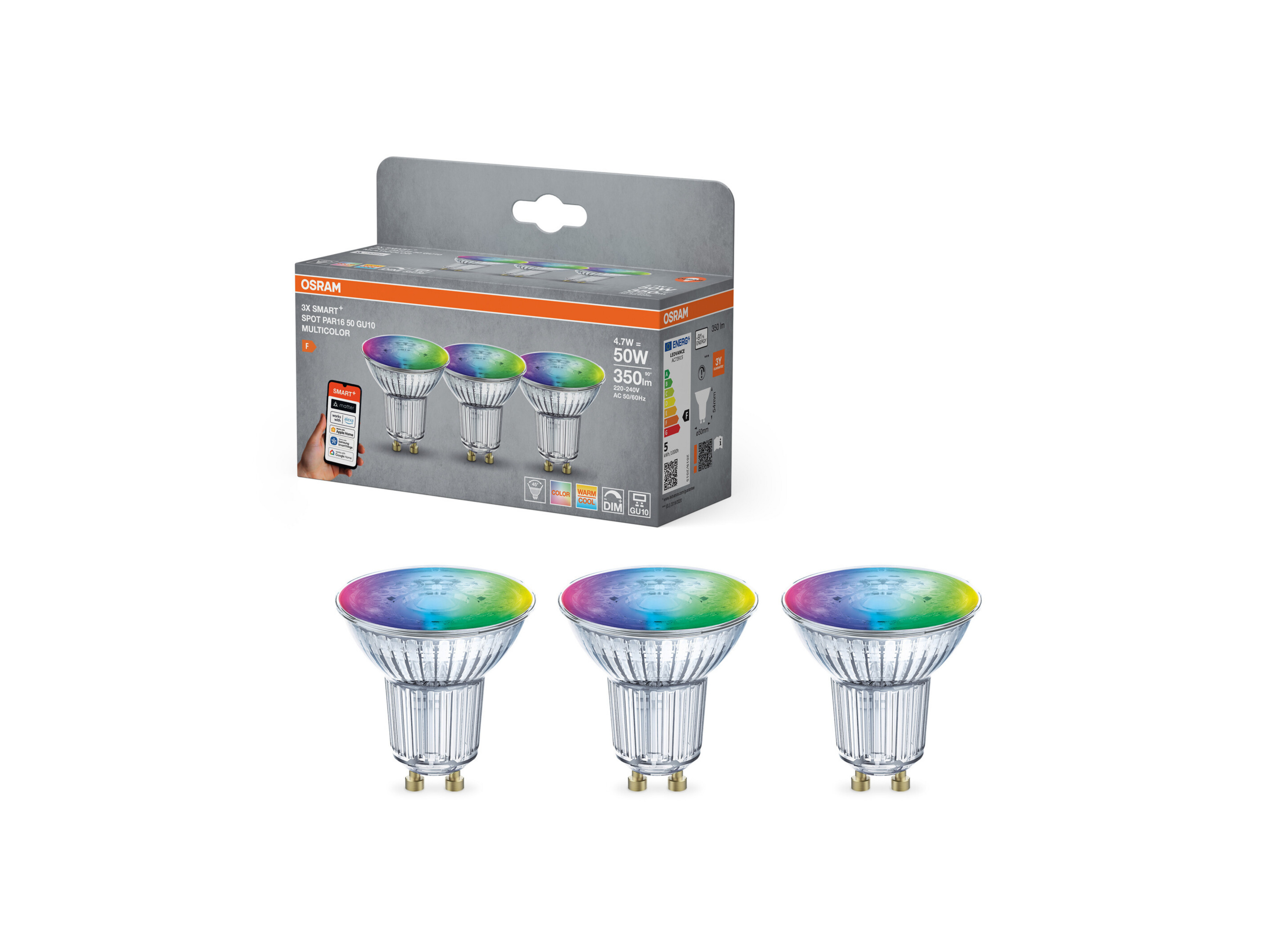 OSRAM Żarówki Smart MATTER, 3-pak (PAR16, GU10, RGBW, 2700 K, Srebrny)