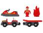 Zestaw drewnianych zabawek z pojazdami strażackimi i figurką strażaka.