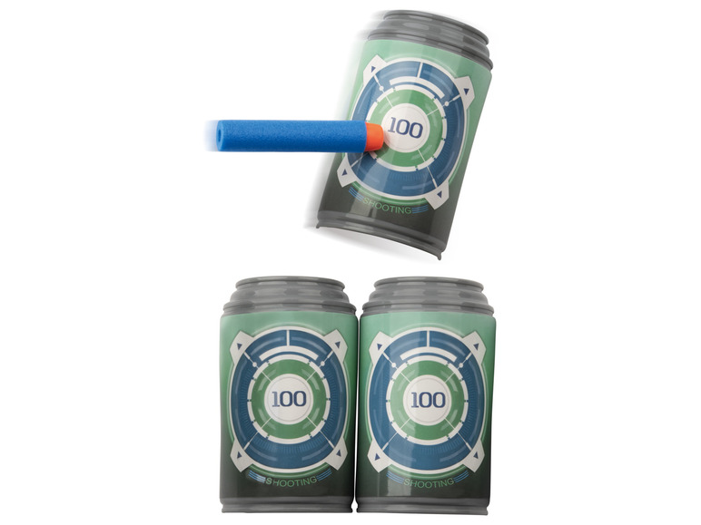 Trzy puszki z tarczami do strzelania z zabawkowej broni.