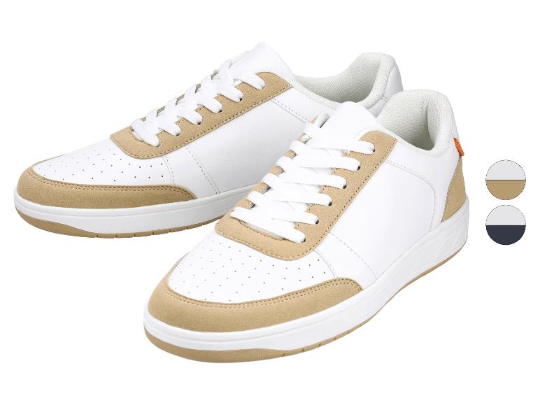 Białe sneakersy z beżowymi detalami i sznurowadłami, z próbkami kolorów beżowego i granatowego.