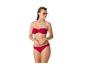 Czerwone bikini damskie ze stanikiem bez ramiączek i okularami przeciwsłonecznymi.