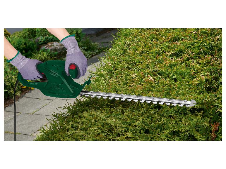Osoba używa zielonych elektrycznych nożyc do żywopłotu marki Scheppach do przycinania żywopłotu.