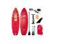 Zestaw do paddleboardingu z dwiema czerwonymi deskami, pompką, wiosłem, płetwą i torbą.