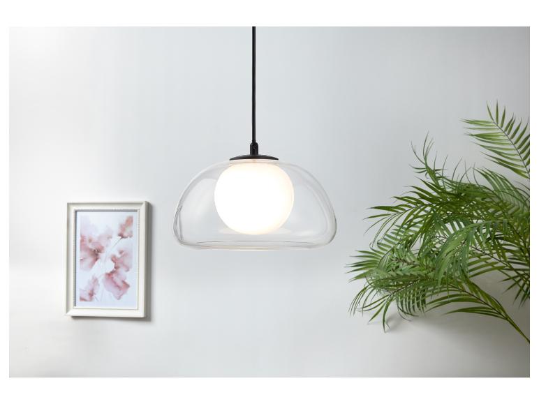 Nowoczesna lampa wisząca ze szkła z białą kulą.