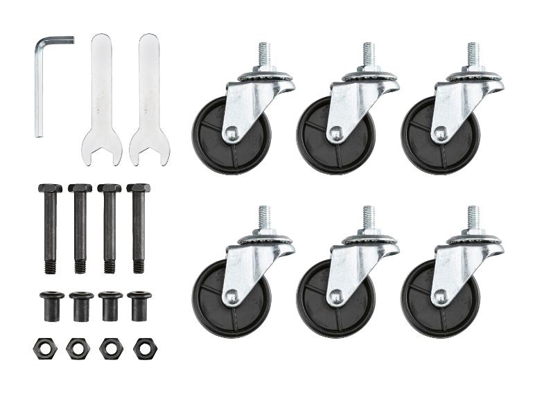 Zestaw kółek obrotowych, śrub, nakrętek i kluczy do montażu.