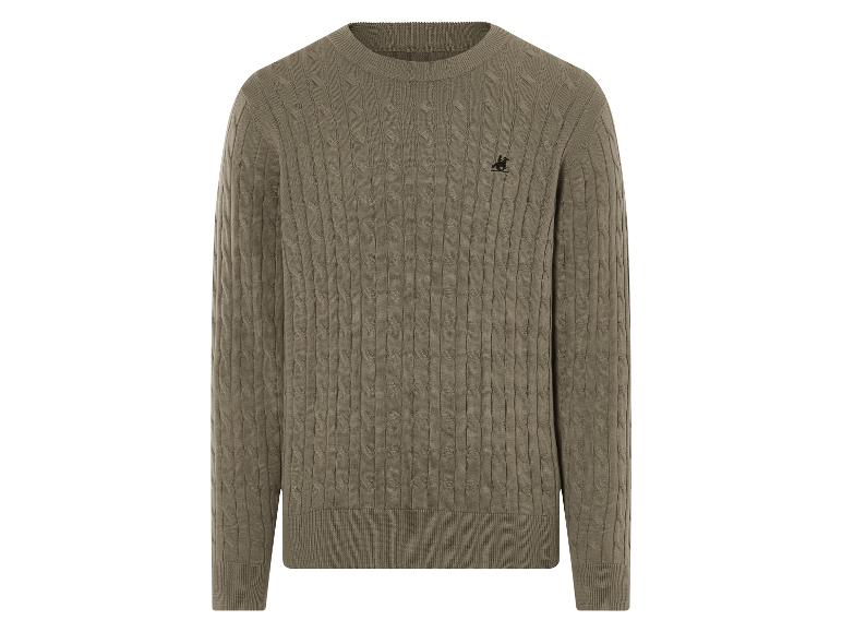 Zielony sweterek z golfem i wzorem warkocza, z małym konikiem na piersi.