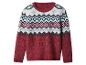 Czerwony sweter z wzorem Fair Isle, z białymi, niebieskimi i czerwonymi geometrycznymi wzorami.