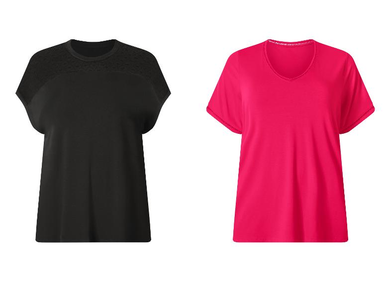 Damskie T-shirty: czarny z szydełkowymi ramionami i fuksjowy z dekoltem w serek.