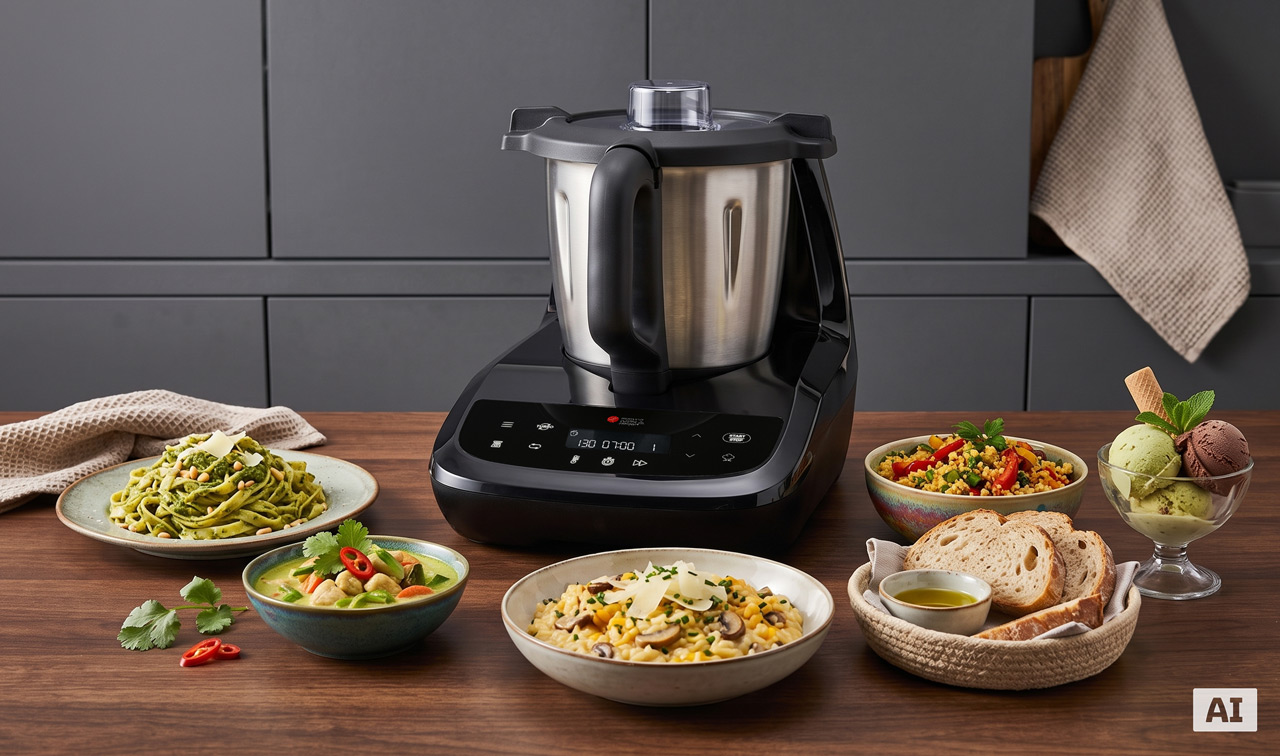 Monsieur Cuisine compact otoczony dużym wyborem apetycznie podanych dań, takich jak zupa, sałatka, makaron i chleb (wygenerowane przez AI)