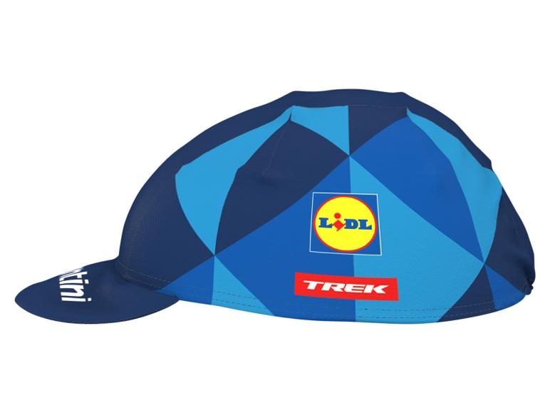 Niebieska czapka kolarska z geometrycznym wzorem i logo na boku.