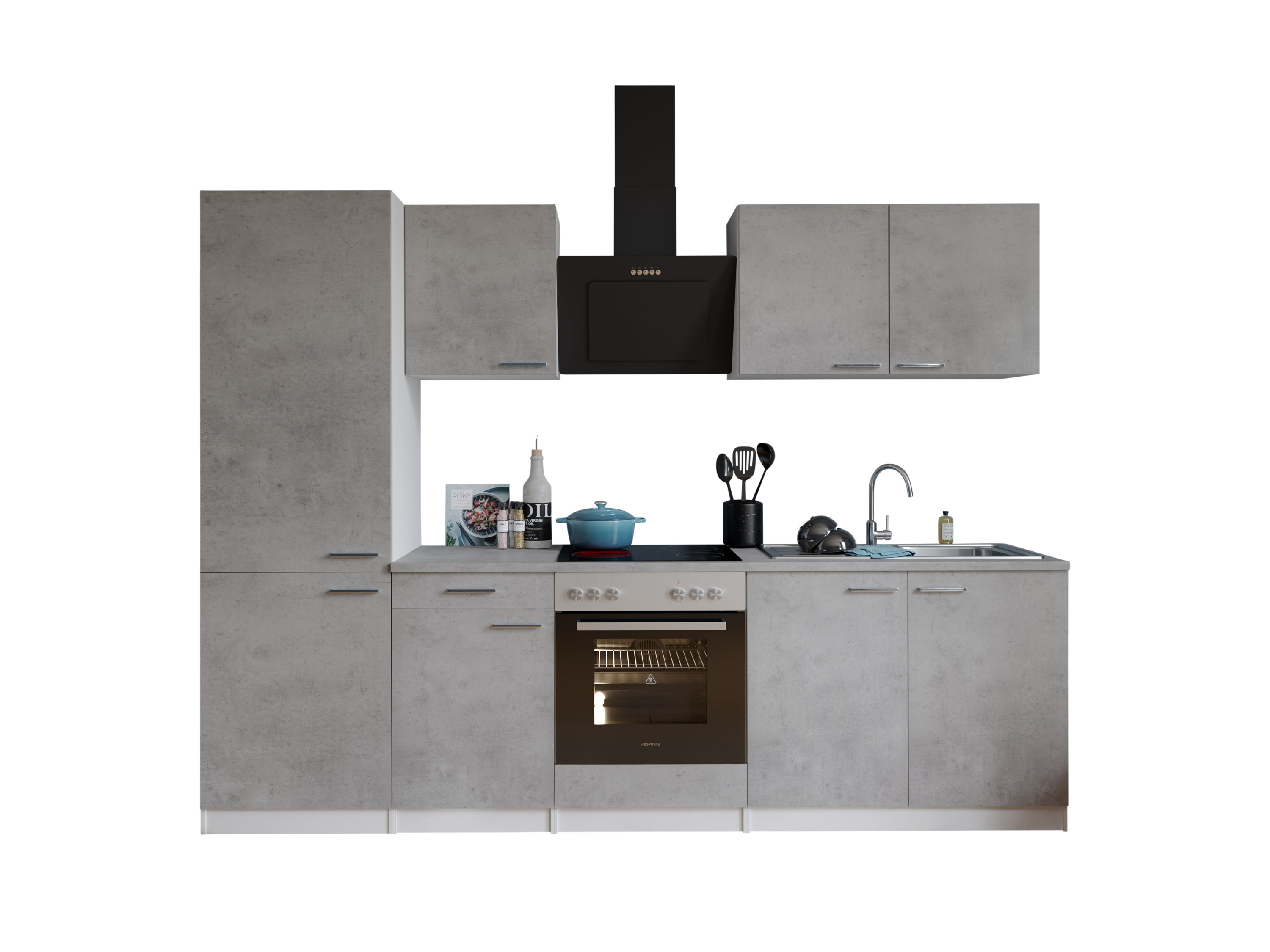 RESPEKTA Kuchnia Malia (Płyta szklano-ceramiczna, lodówka combi, Beton, 270 cm)