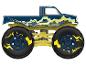 Niebieski monster truck z żółtymi i niebieskimi detalami, z błyskawicami na karoserii i kołach.