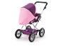 Różowo-fioletowy wózek dla lalek z metalową ramą i dużymi kołami