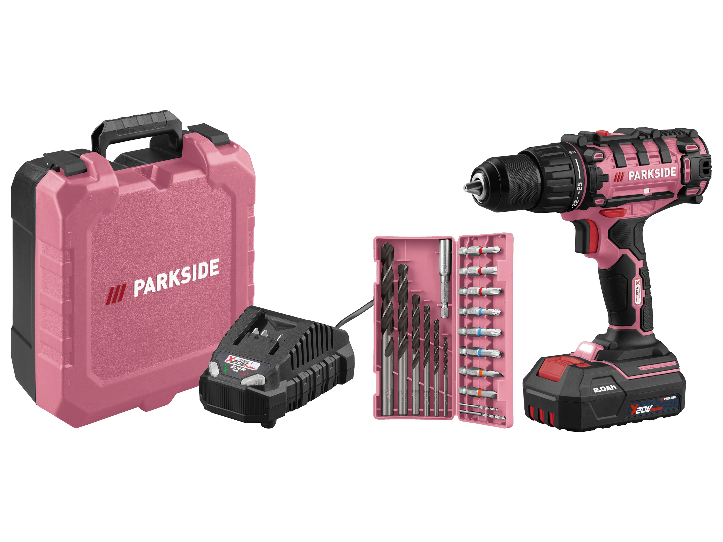 PARKSIDE® Akumulatorowa wiertarko-wkrętarka 20 V Limited Edition PABS 20-Li G8 (z akumulatorem i ładowarką) (Różowy)