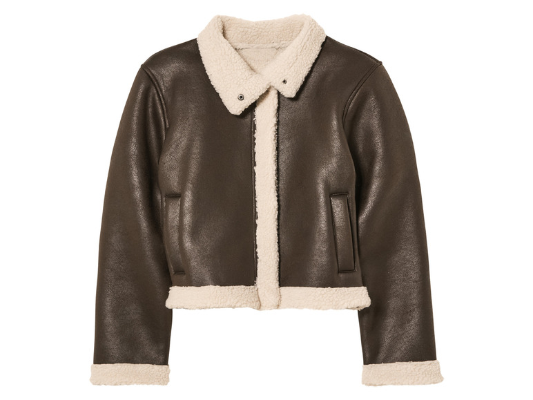 Brązowa skórzana kurtka z białym kołnierzem z futra