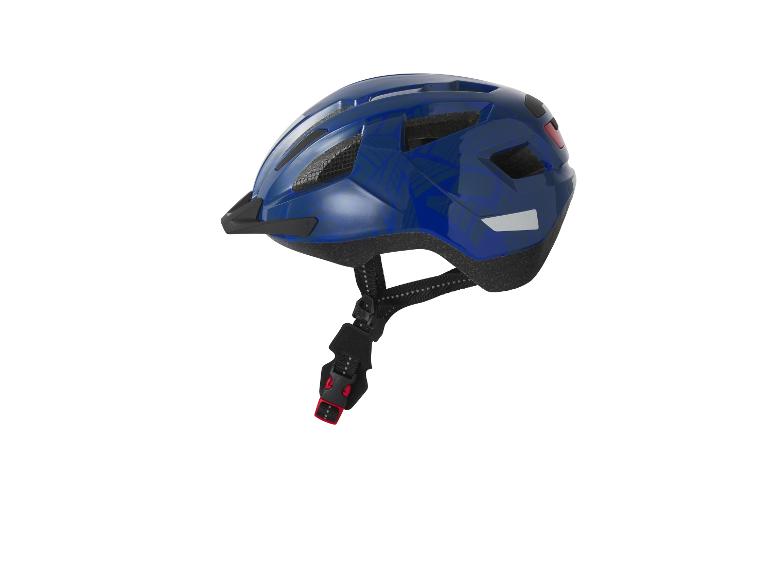 Niebieski kask rowerowy z czarnymi paskami.