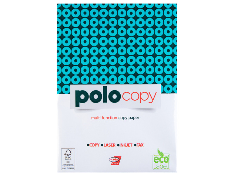 Opakowanie wielofunkcyjnego papieru do kopiowania Polocopy z certyfikatami FSC i Ecolabel.